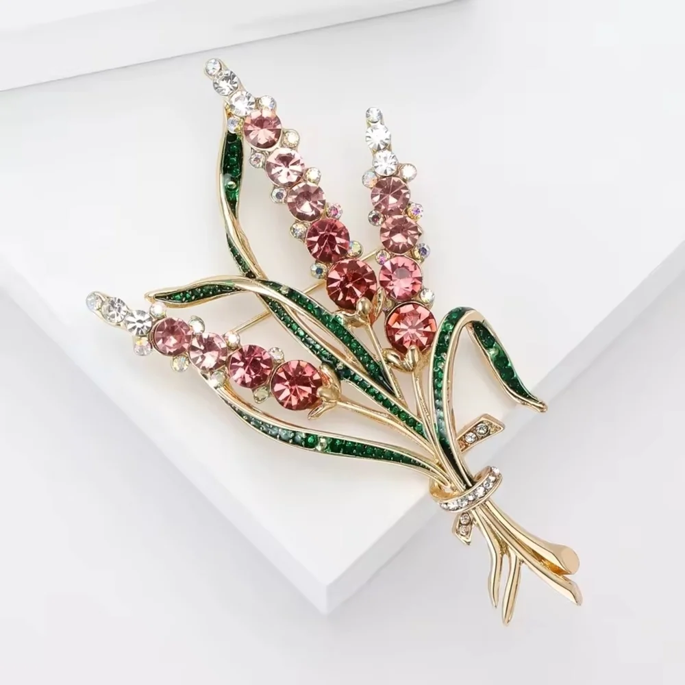 Gold-Tone Pink Crystal Floral Spray Brooch